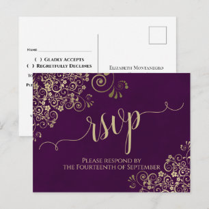Lacy Gold Calligraphy Elegant Purple Wedding RSVP Postcard