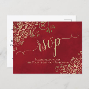 Lacy Gold Calligraphy Elegant Red Wedding RSVP Postcard