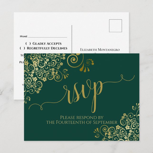 Lacy Gold Calligraphy Emerald Green Wedding RSVP Postcard (Front/Back)