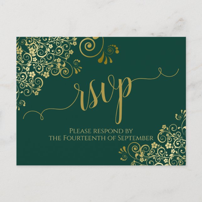 Lacy Gold Calligraphy Emerald Green Wedding RSVP Postcard (Front)