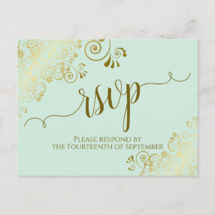 Lacy Gold Calligraphy Pale Mint Green Wedding RSVP Postcard