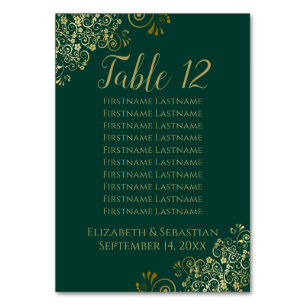 Lacy Gold Chic Emerald Green Wedding Seating Chart Table Number