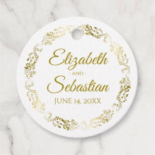 Lacy Gold Filigree Border Elegant White Wedding Favour Tags