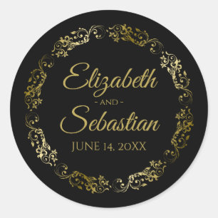 Lacy Gold Filigree Elegant Black Wedding Favour Classic Round Sticker