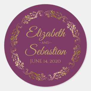 Lacy Gold Filigree Elegant Cassis Purple Wedding Classic Round Sticker