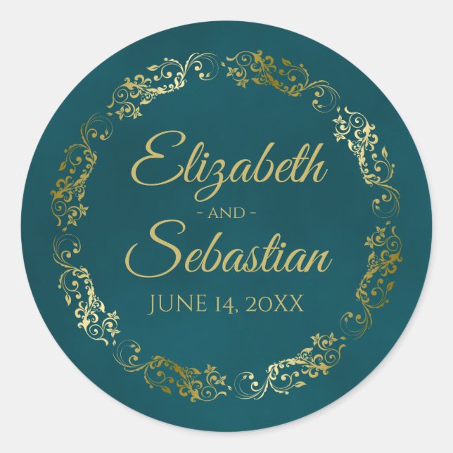 Lacy Gold Filigree Elegant Dark Teal Wedding Names Classic Round Sticker (Front)