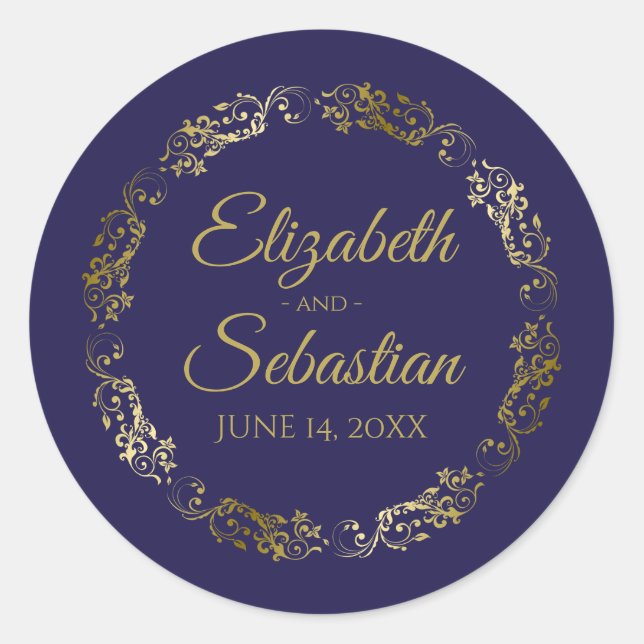 Lacy Gold Filigree Elegant Navy Blue Wedding Favor Classic Round Sticker (Front)