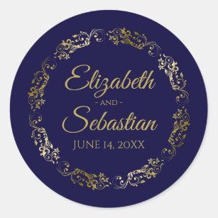 Lacy Gold Filigree Elegant Navy Blue Wedding Favou Classic Round Sticker
