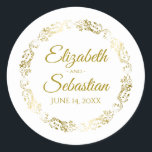 Lacy Gold Filigree Elegant Wedding Favour Classic Round Sticker<br><div class="desc">These beautiful stickers are designed to coordinate with our Gold Foil Elegant Wedding Suite. They feature gold text on a white background with a gold faux foil floral border. The text is fully customisable and contains the wedding couple's names and wedding date. Great as favour tags!</div>