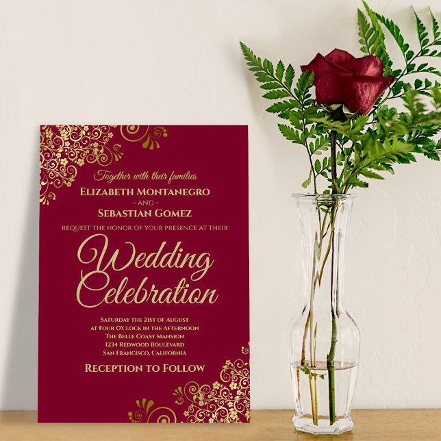 Lacy Gold Filigree Maroon Simple Elegant Wedding Invitation (Creator Uploaded)