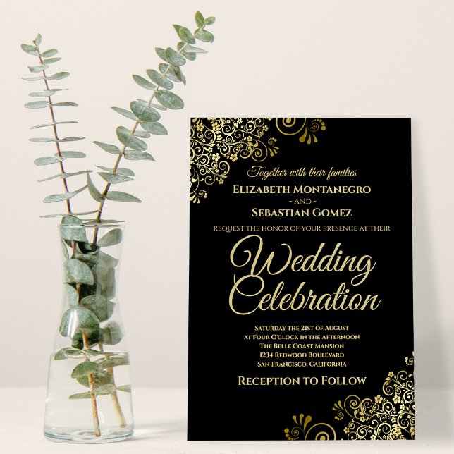 Lacy Gold Filigree on Black Simple Elegant Wedding Invitation (Creator Uploaded)