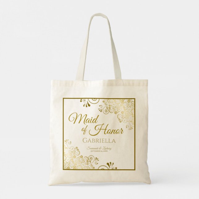 Lacy Gold Frills Elegant Maid of Honour Wedding Tote Bag (Back)
