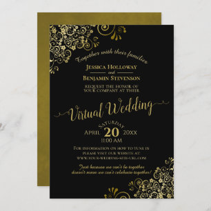 Lacy Gold Frills on Black Elegant Virtual Wedding Invitation