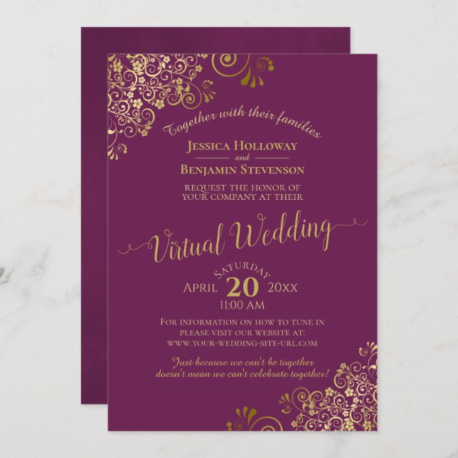 Lacy Gold Frills on Cassis Purple Virtual Wedding Invitation (Front/Back)