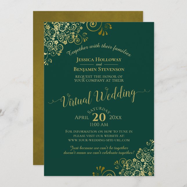 Lacy Gold Frills on Emerald Green Virtual Wedding Invitation (Front/Back)