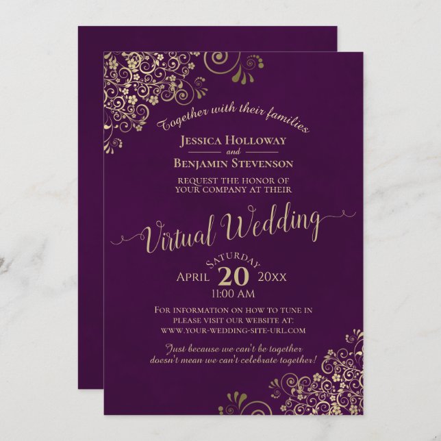 Lacy Gold Frills on Plum Purple Virtual Wedding Invitation (Front/Back)