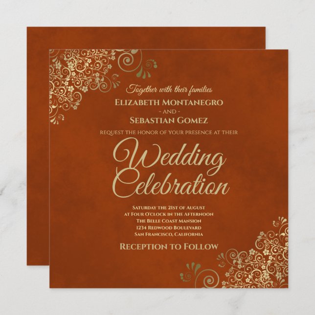 Lacy Gold Frills on Rust Orange Elegant Wedding Invitation (Front/Back)