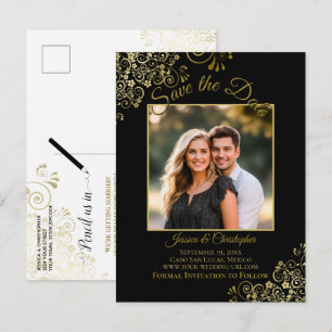 Lacy Gold on Black Wedding Save the Date Photo Announcement Postcard