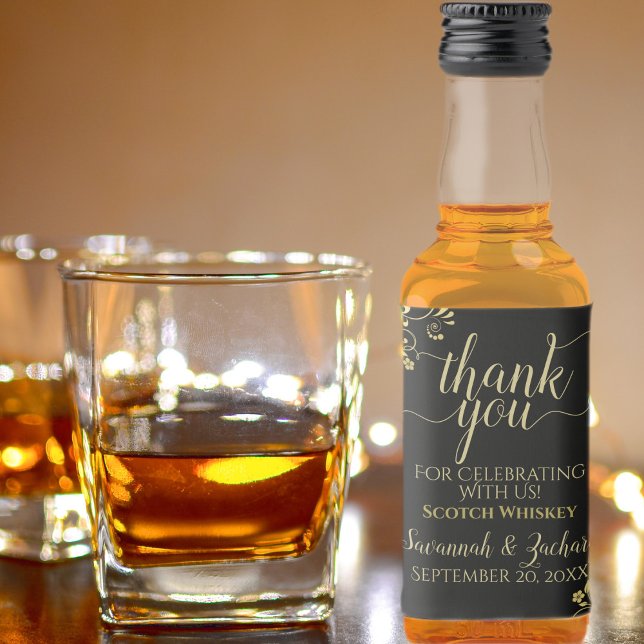 Lacy Gold on Black Wedding Thank You Mini Liquor Bottle Label (Creator Uploaded)