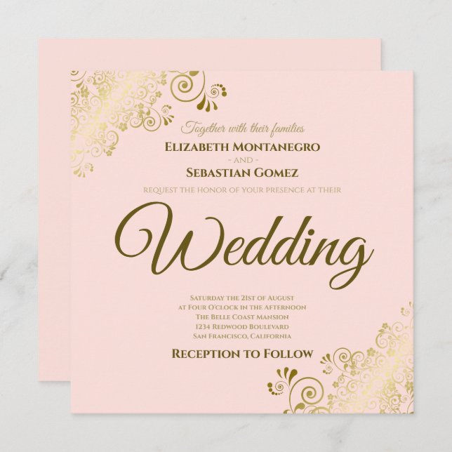 Lacy Gold on Blush Pink Elegant Square Wedding Invitation (Front/Back)