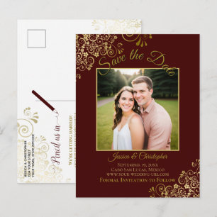 Lacy Gold on Burgundy Wedding Save the Date Photo Announcement Postcard