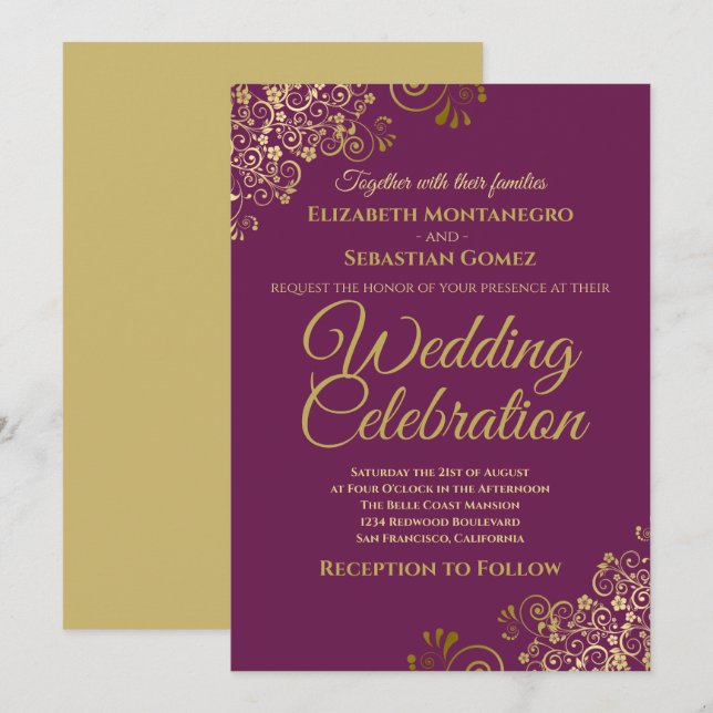 Lacy Gold on Cassis Purple Simple Elegant Wedding Invitation (Front/Back)