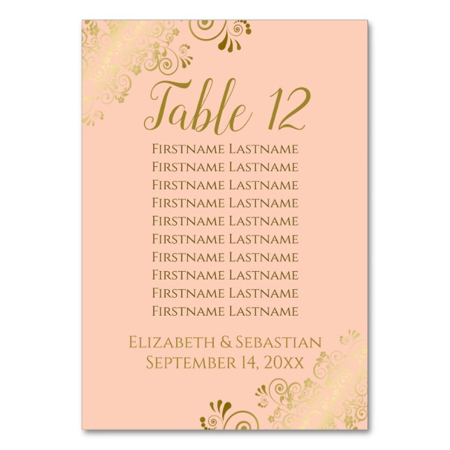 Lacy Gold on Coral Peach Wedding Seating Chart Table Number (Front)