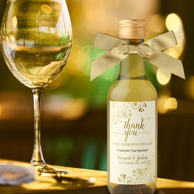 Lacy Gold on Cream Wedding Thank You Mini Wine Label (Creator Uploaded)