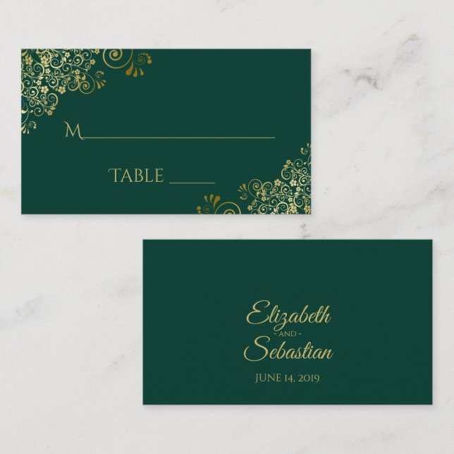 Lacy Gold on Emerald Green Wedding Escort Card (Front/Back)