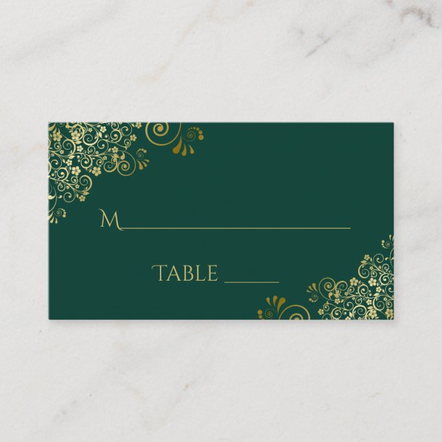 Lacy Gold on Emerald Green Wedding Escort Card (Front)