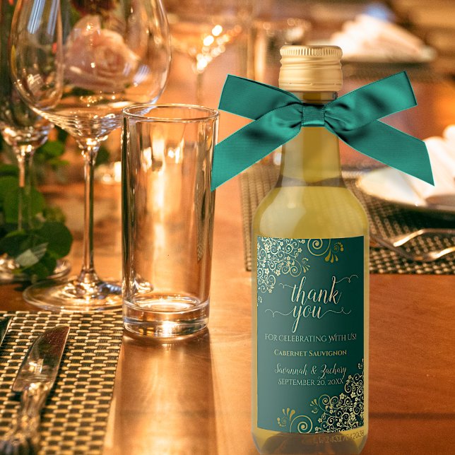 Lacy Gold on Emerald Green Wedding Thank You Mini Wine Label (Creator Uploaded)