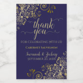 Lacy Gold on Navy Blue Wedding Thank You Mini Wine Label (Single Label)