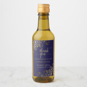 Lacy Gold on Navy Blue Wedding Thank You Mini Wine Label (Front)