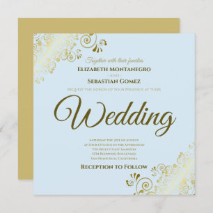 Lacy Gold on Powder Blue Elegant Square Wedding Invitation