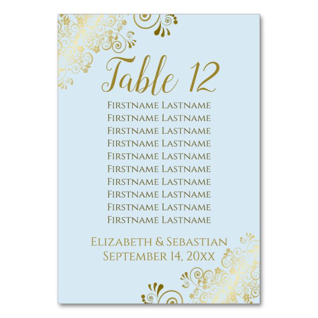 Lacy Gold on Powder Blue Wedding Seating Chart Table Number (Front)