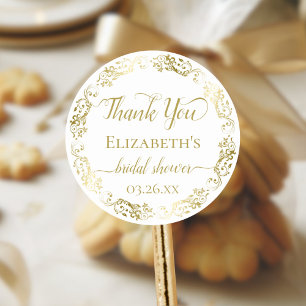 Lacy Gold & White Elegant Bridal Shower Thank You Classic Round Sticker