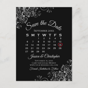 Lacy Grey on Black Wedding Save the Date Calendar Announcement Postcard