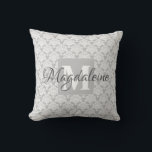 Lacy Grey & White Damask Name & Monogram Cushion<br><div class="desc">This beautiful pillow features a classic white damask pattern over a grey background. The design is personalised with a monogram initial letter as well as a customisable name. Perfect addition to a dorm room,  bedroom,  or any room where you want a simple,  elegant style.</div>