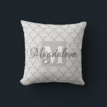 Lacy Grey & White Damask Name & Monogram Cushion<br><div class="desc">This beautiful pillow features a classic white damask pattern over a grey background. The design is personalised with a monogram initial letter as well as a customisable name. Perfect addition to a dorm room,  bedroom,  or any room where you want a simple,  elegant style.</div>