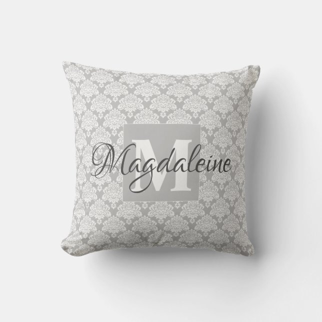 Lacy Grey & White Damask Name & Monogram Cushion (Front)