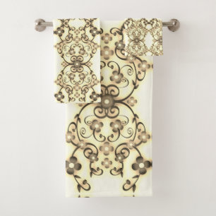 Lacy Look of Flowers Golden Sepia Bath Towel Set