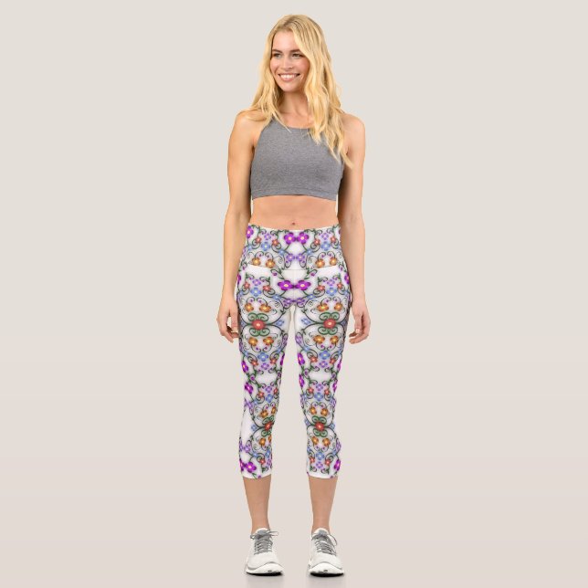 Lacy Look of Flowers Pink Capri Leggings (Front)