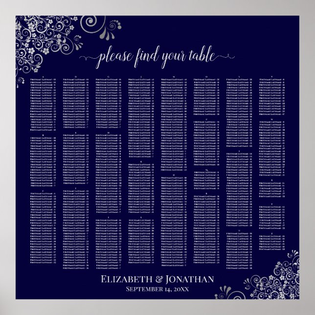 Lacy Navy Blue & Silver Alphabetical Seating Chart (Front)