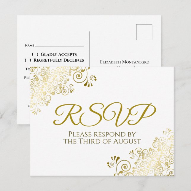 Lacy Ornate Gold Filigree Elegant Wedding RSVP Postcard (Front/Back)