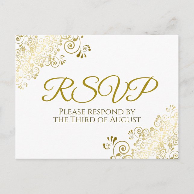 Lacy Ornate Gold Filigree Elegant Wedding RSVP Postcard (Front)