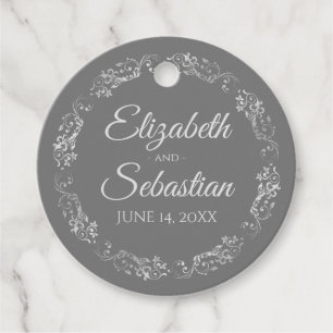 Lacy Ornate Silver Border Elegant Grey Wedding Favour Tags