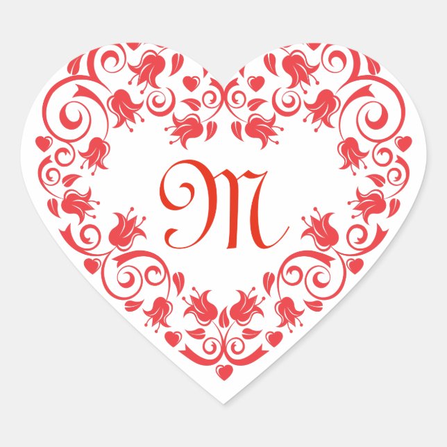 Lacy Red Flower Heart Monogram Sticker (Front)