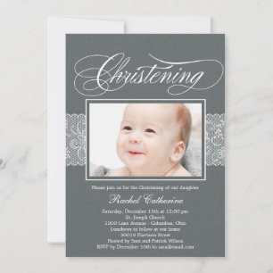 Lacy Ribbon Photo Christening Invitation