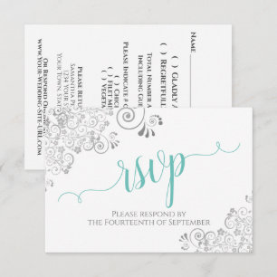 Lacy Silver & Aqua on White Elegant Script Wedding RSVP Card