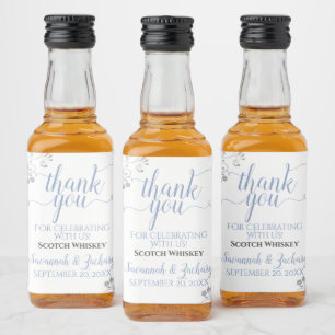 Lacy Silver & Blue on White Wedding Thank You Mini Liquor Bottle Label